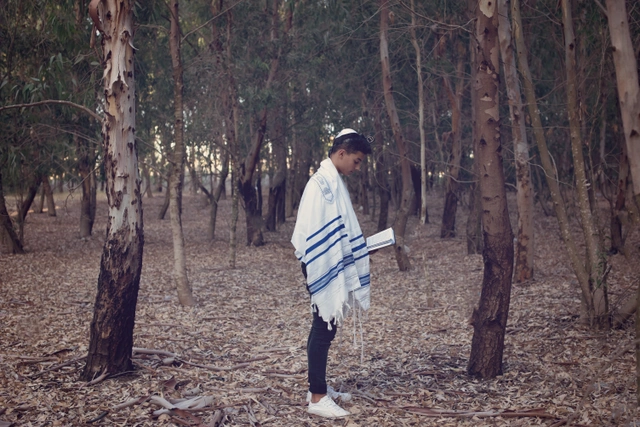 ילד בטלית וכיפה עומד ביער וקורא בספר.